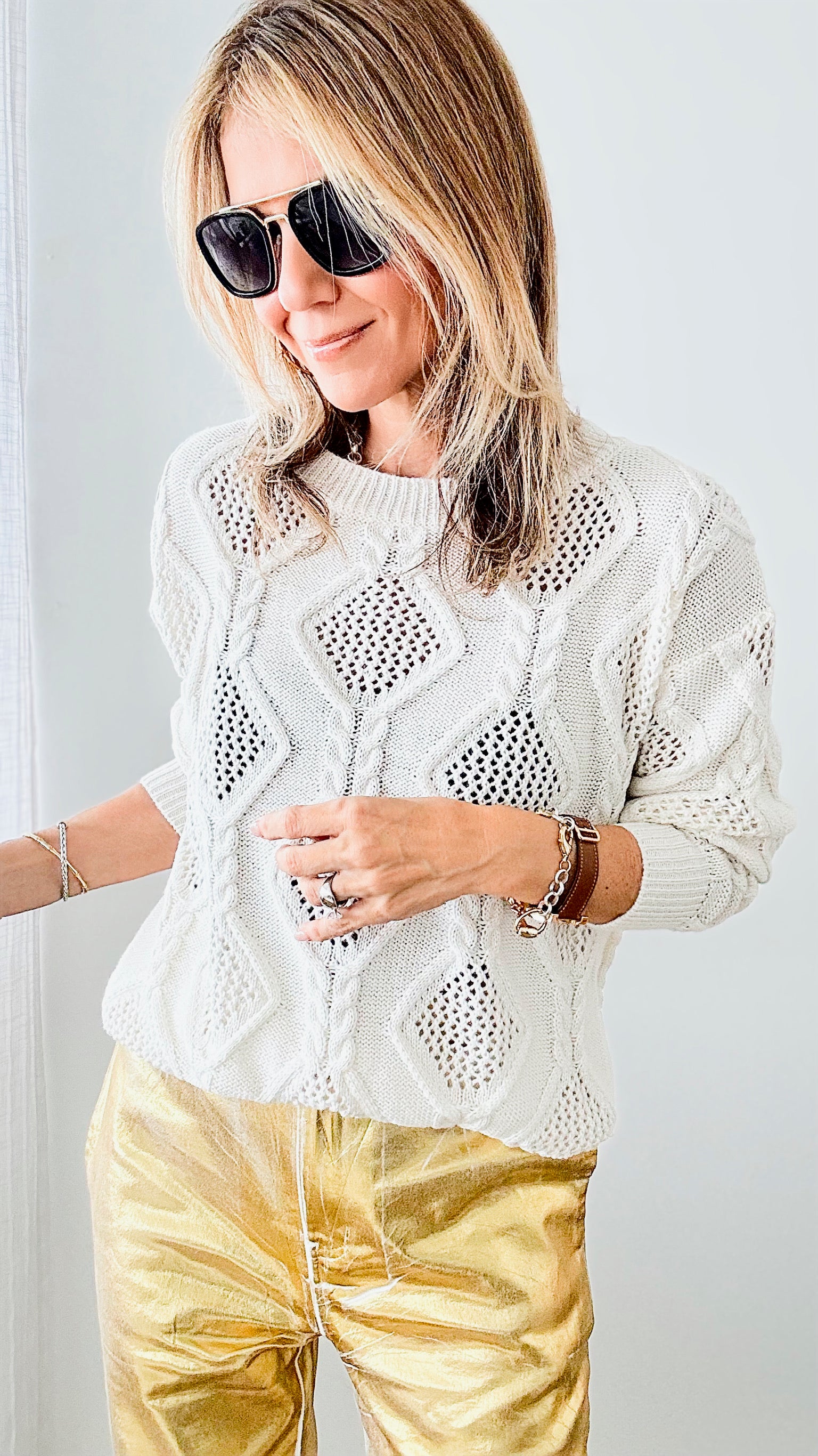 Cable Knit Pointelle Sweater - Ivory – Coastal Bloom