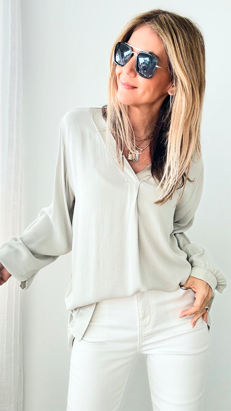 Satin Trim Italian Blouse - Light Grey-130 Long Sleeve Tops-Germany-Coastal Bloom Boutique, find the trendiest versions of the popular styles and looks Located in Indialantic, FL