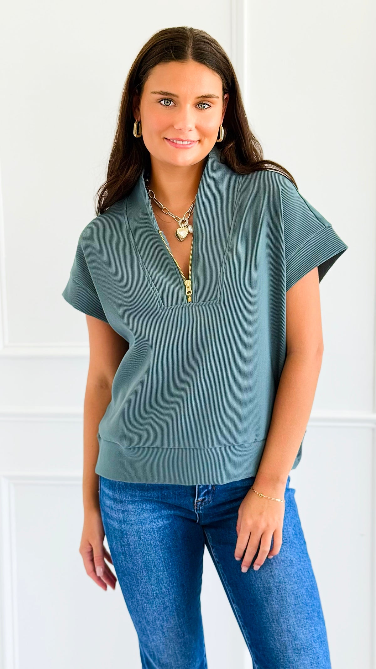 Effortless Zip Collar Knit Top - Ash Jade-110 Short Sleeve Tops-Zenana-Coastal Bloom Boutique, find the trendiest versions of the popular styles and looks Located in Indialantic, FL