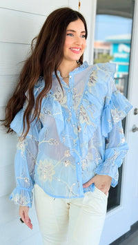 Elegance Bloom Embroidered Italian Button Top- Light Blue