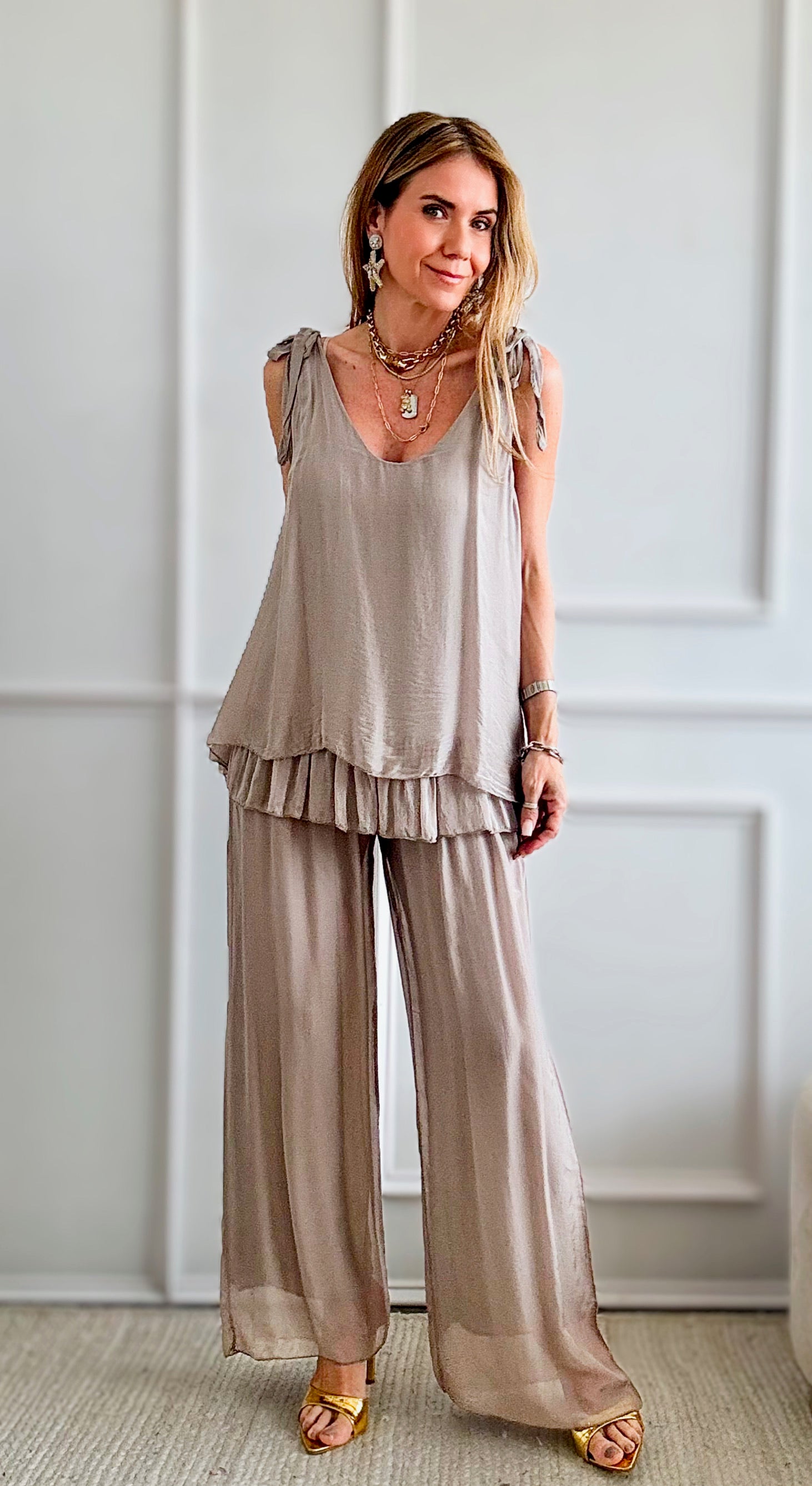 Sheer Overlay Italian Palazzo - Taupe-pants-Italianissimo-Coastal Bloom Boutique, find the trendiest versions of the popular styles and looks Located in Indialantic, FL