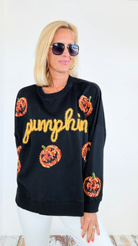 Pumpkin Sequin Sweatshirt - Black-130 Long Sleeve Tops-BIBI-Coastal Bloom Boutique, find the trendiest versions of the popular styles and looks Located in Indialantic, FL