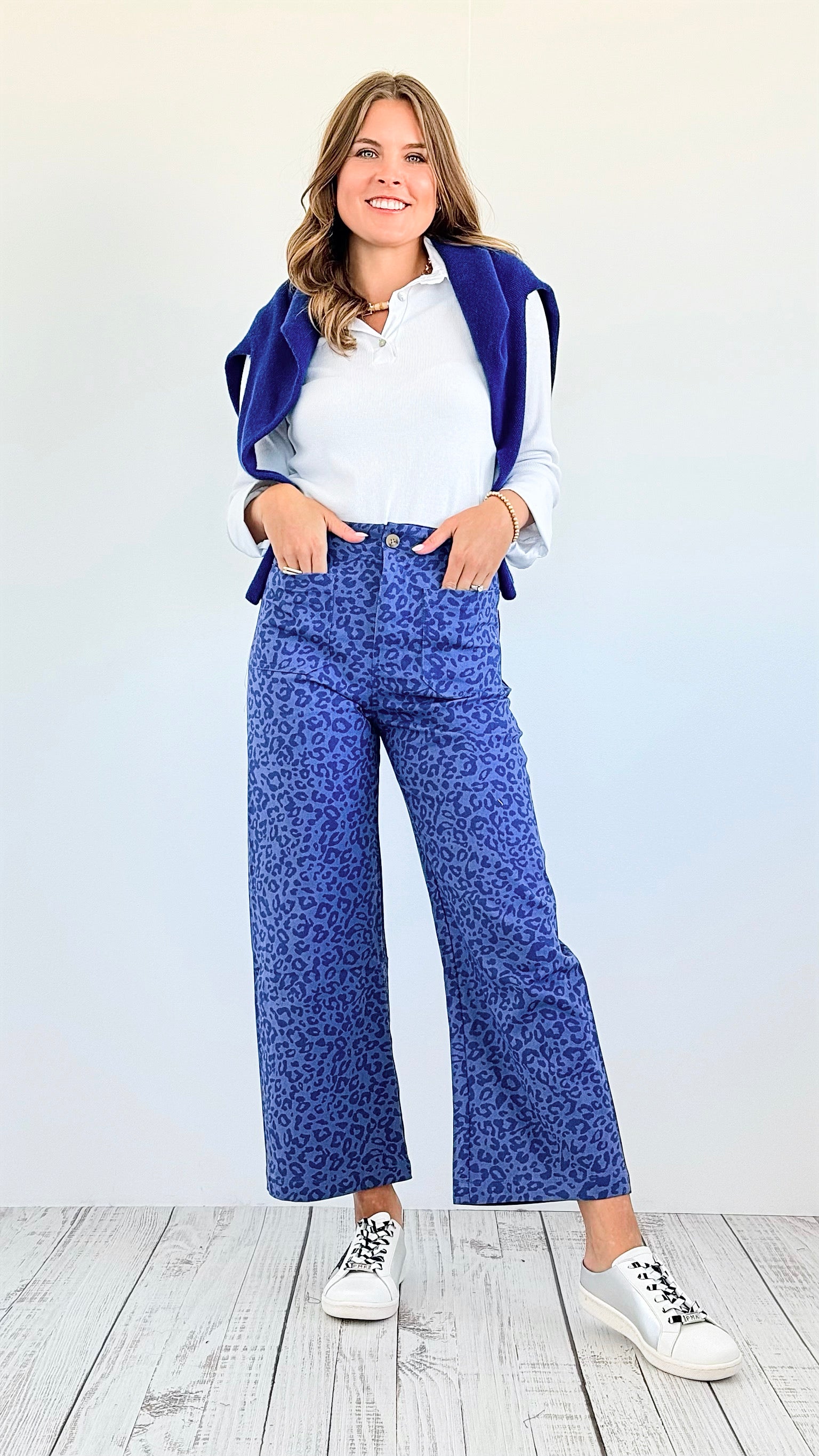 Bold Move Cropped Leopard Pants- Royal Blue-170 Bottoms-Gigio-Coastal Bloom Boutique, find the trendiest versions of the popular styles and looks Located in Indialantic, FL