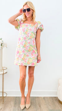 Sunshine Flower Puff Sleeve Jacquard Dress-200 Dresses/Jumpsuits/Rompers-T H M L-Coastal Bloom Boutique, find the trendiest versions of the popular styles and looks Located in Indialantic, FL
