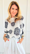 Noir Petals Short Sleeve Italian St Tropez Knit- Black-140 Sweaters-Italianissimo-Coastal Bloom Boutique, find the trendiest versions of the popular styles and looks Located in Indialantic, FL