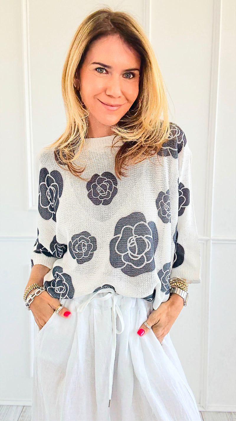 Noir Petals Short Sleeve Italian St Tropez Knit- Black-140 Sweaters-Italianissimo-Coastal Bloom Boutique, find the trendiest versions of the popular styles and looks Located in Indialantic, FL