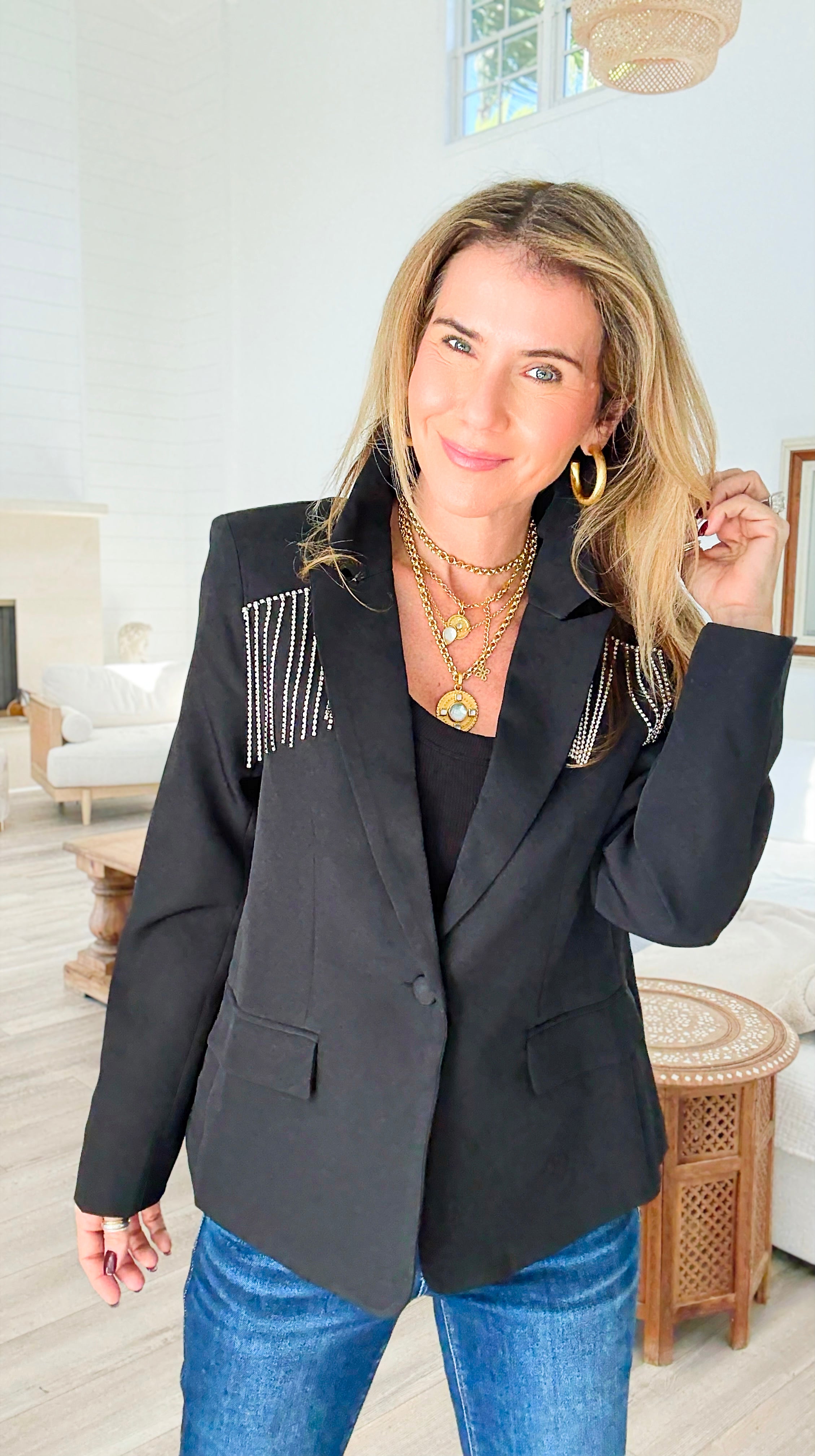 Holiday Glamour Button Blazer-160 Jackets-ROUSSEAU-Coastal Bloom Boutique, find the trendiest versions of the popular styles and looks Located in Indialantic, FL