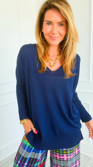 Max Coastal Evening V- Neck Italian Knit Top- Navy
