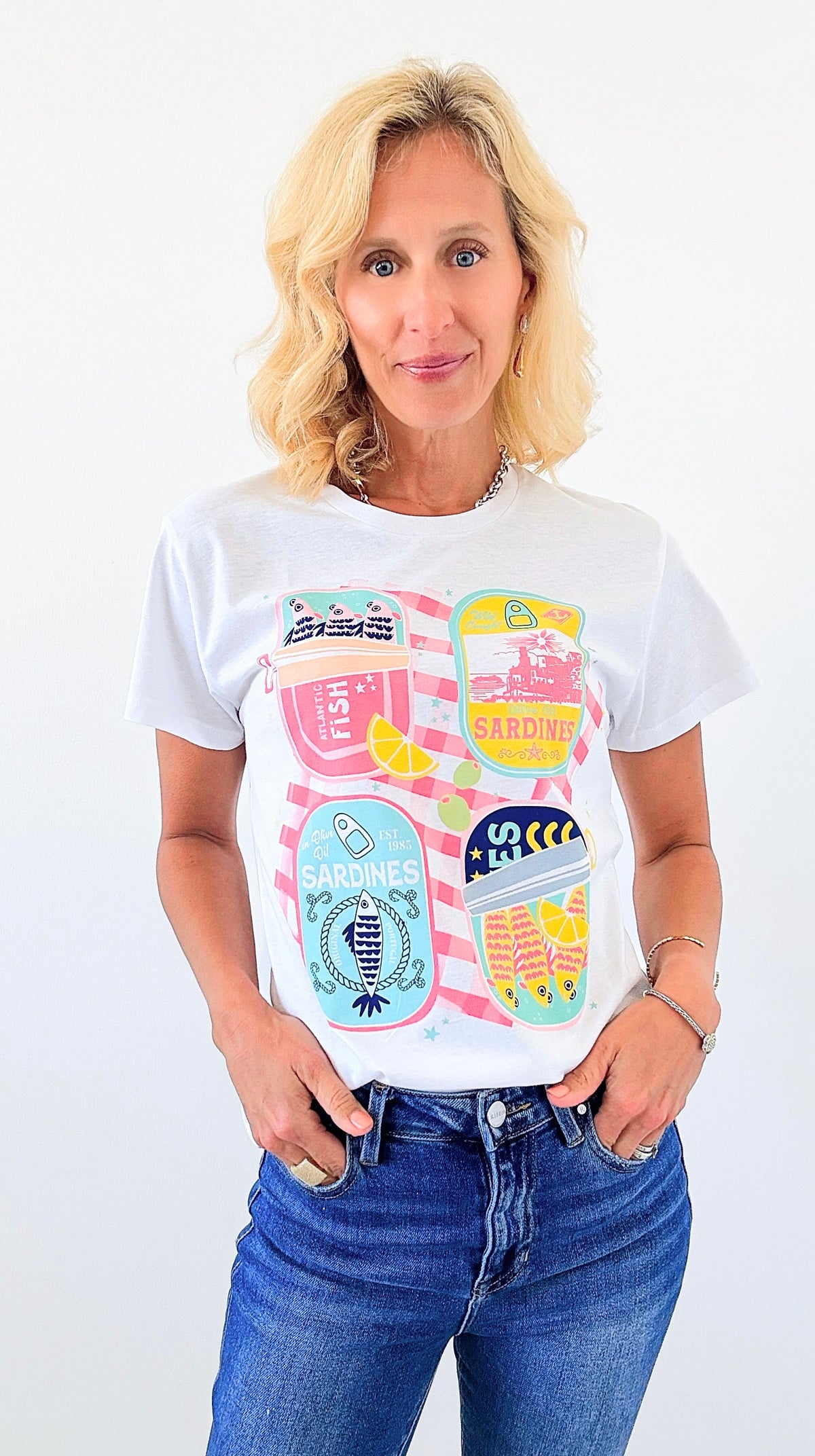 Sardine Picnic Graphic Top-110 Short Sleeve Tops-Sweet Claire-Coastal Bloom Boutique, find the trendiest versions of the popular styles and looks Located in Indialantic, FL