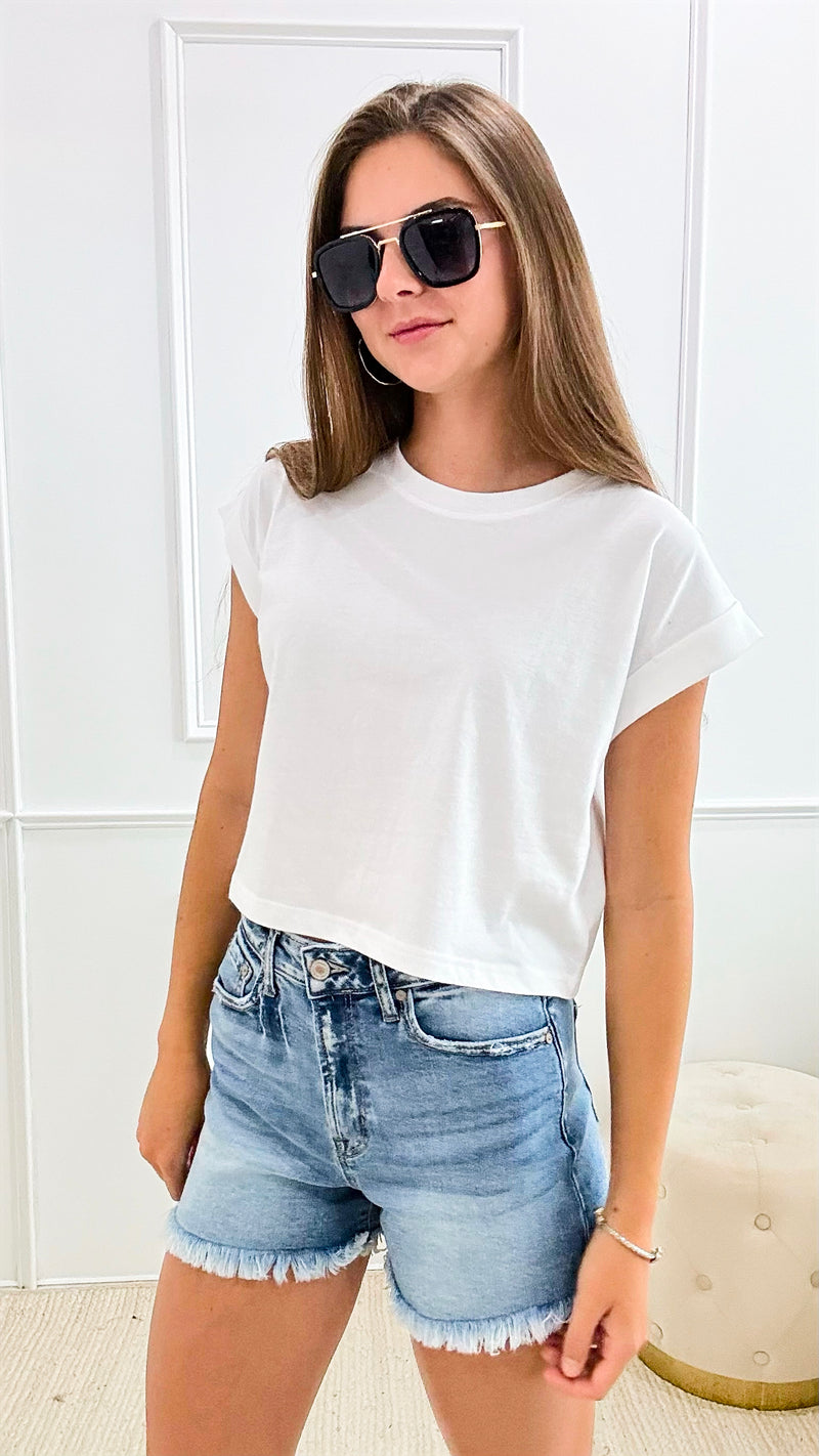 Cotton Folded Sleeve Crop Top T Shirt - White-110 Short Sleeve Tops-Zenana-Coastal Bloom Boutique, find the trendiest versions of the popular styles and looks Located in Indialantic, FL