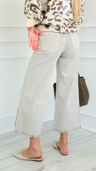 Tummy Control Embroidered Wide Eyelet Pants - Almond