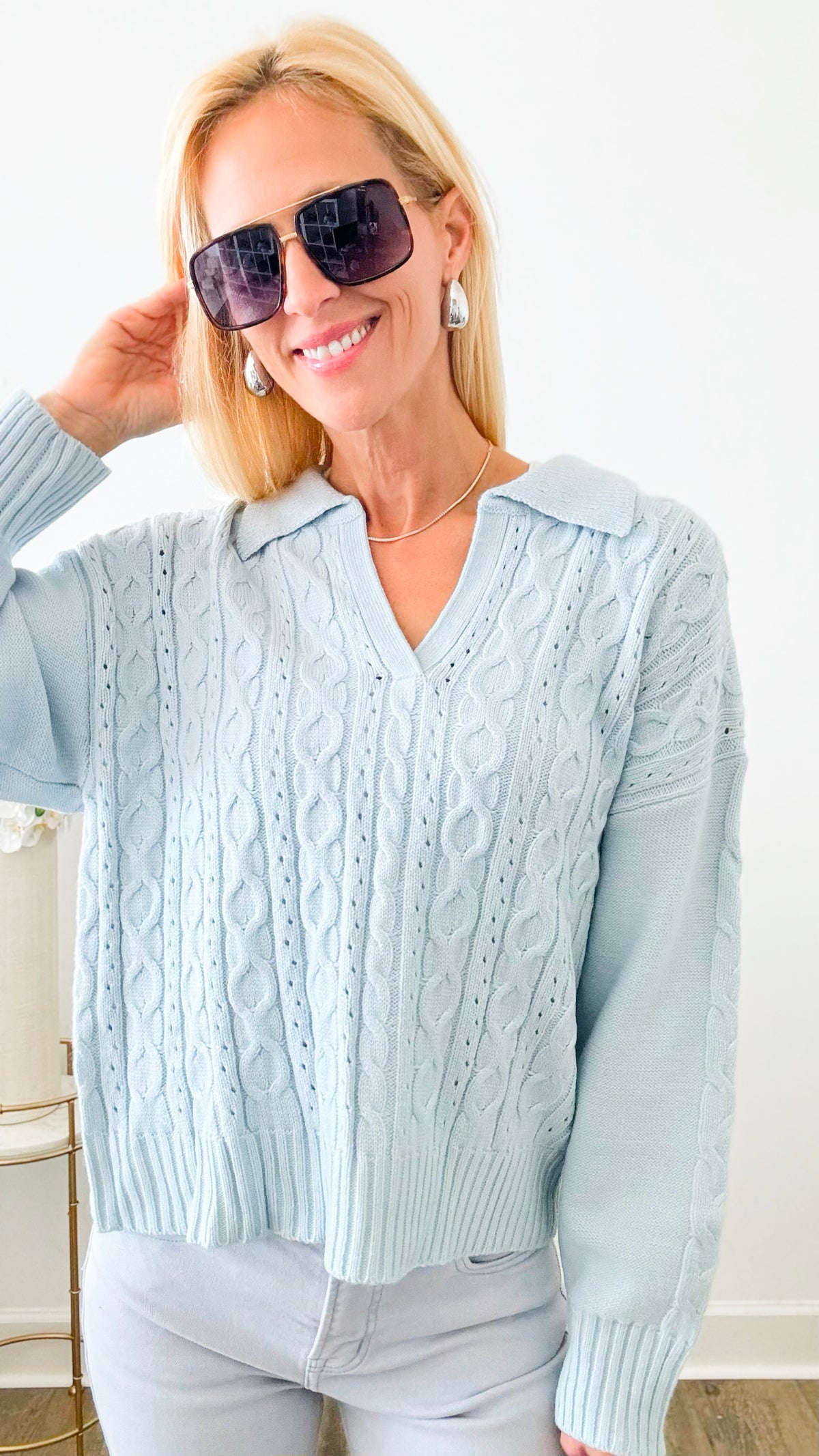 Spring Blue Crochet Collared Sweater-140 Sweaters-Rousseau-Coastal Bloom Boutique, find the trendiest versions of the popular styles and looks Located in Indialantic, FL