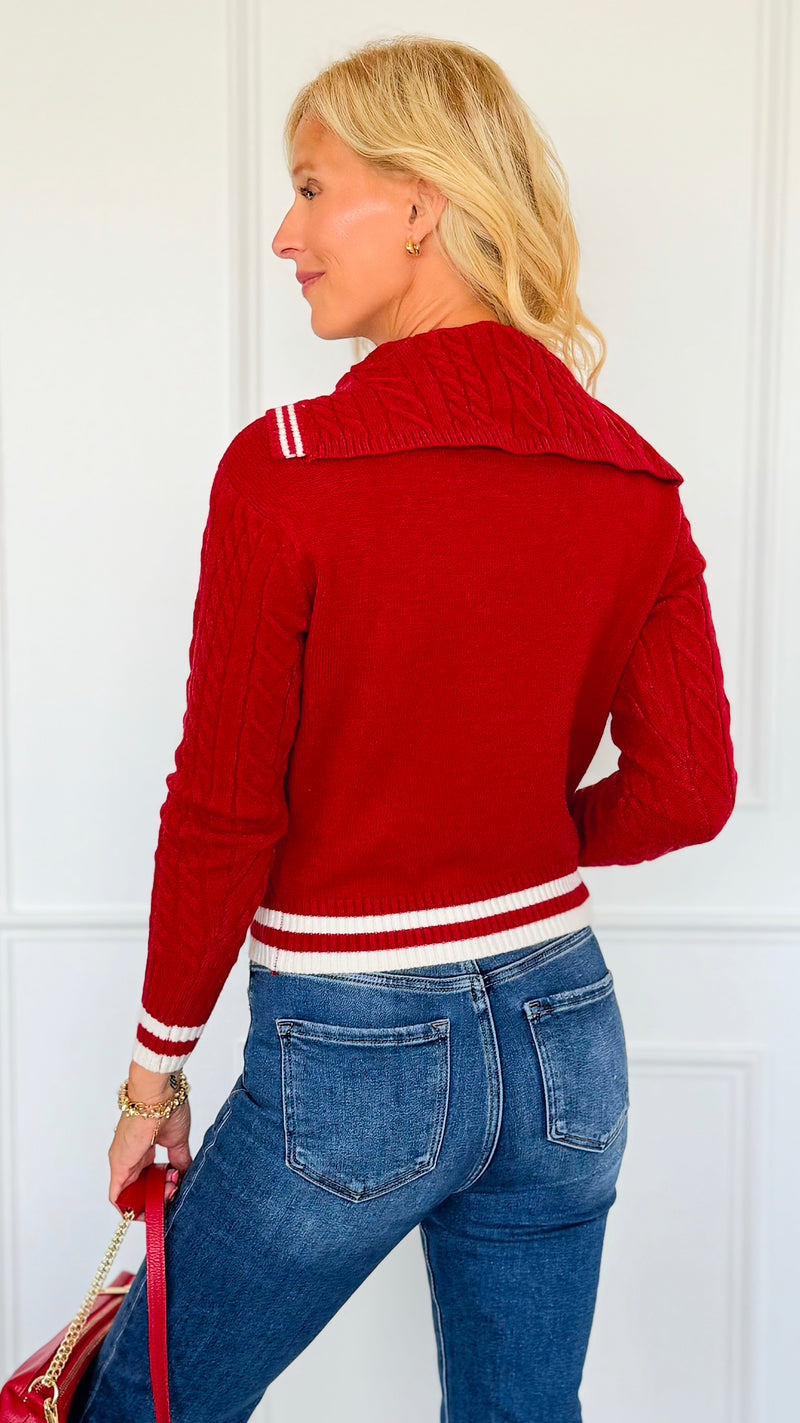Seabreeze Cable Knit Sailor Sweater - Red-140 Sweaters-LOVE TREE-Coastal Bloom Boutique, find the trendiest versions of the popular styles and looks Located in Indialantic, FL