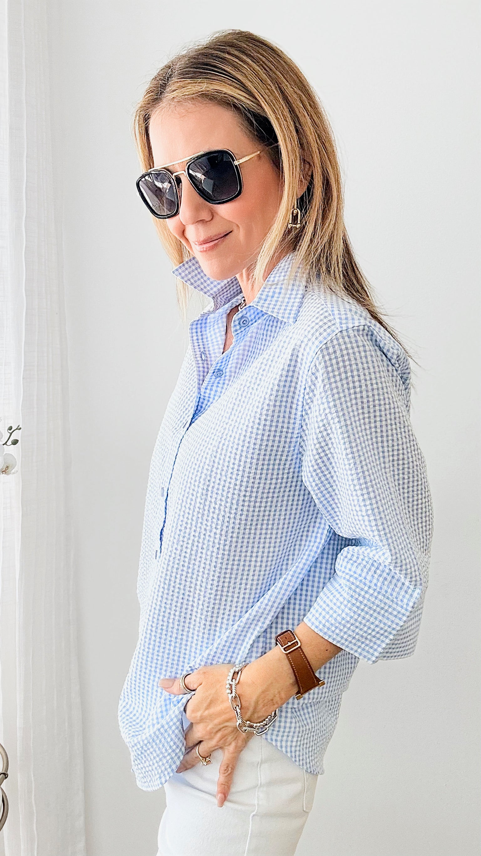 Relaxed Gingham Seersucker 3/4 Sleeve Blouse-130 Long Sleeve Tops-Grenouille-Coastal Bloom Boutique, find the trendiest versions of the popular styles and looks Located in Indialantic, FL