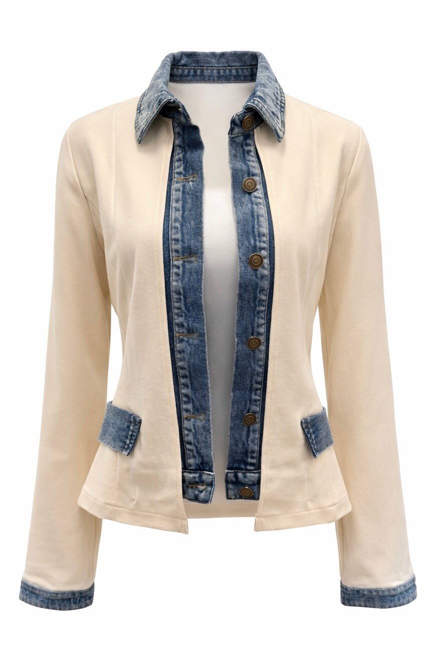 Layered Look Denim Trim Knit Jacket - Ecru