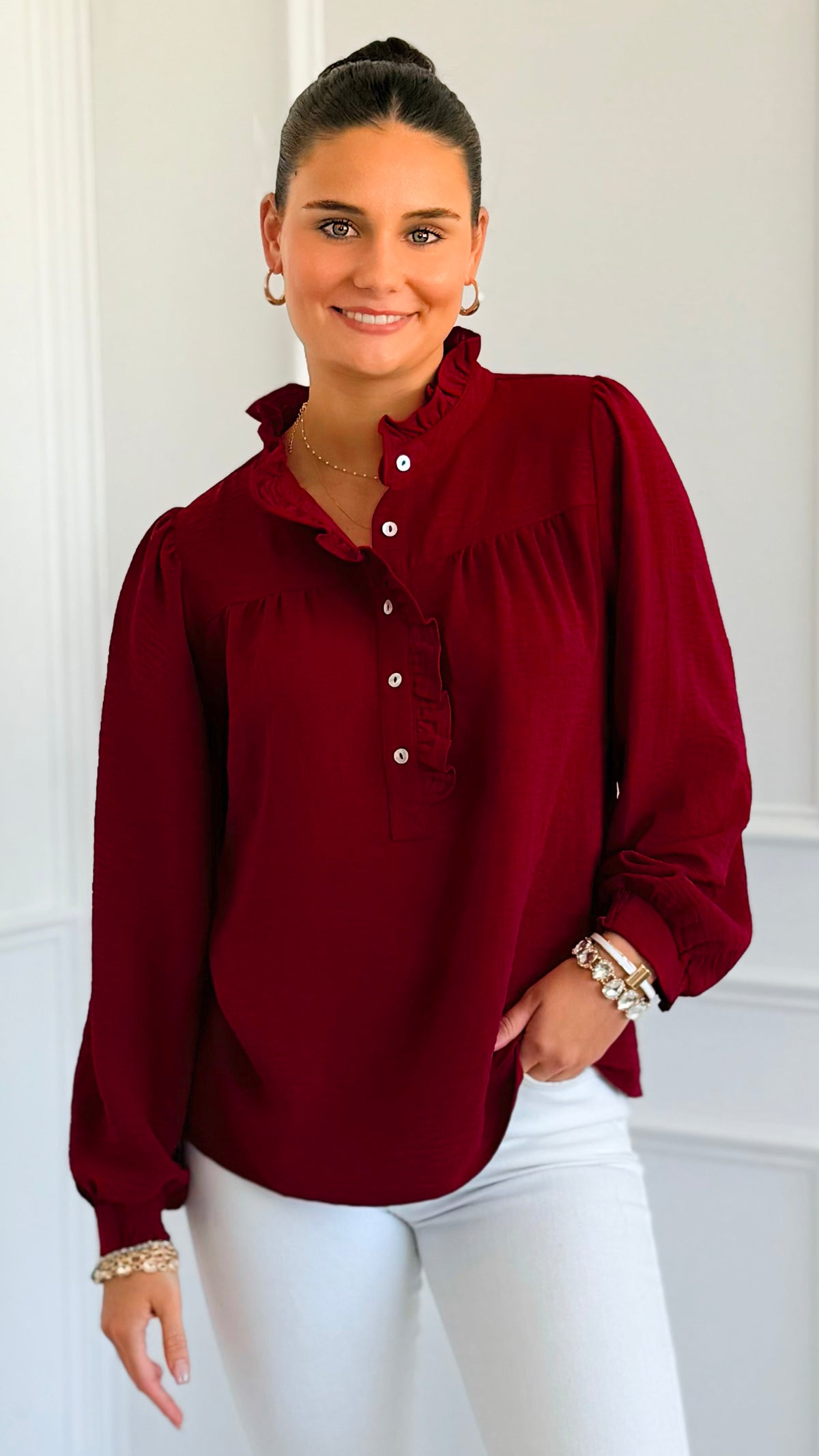 Victorian Muse Ruffle Top - Burgundy-130 Long Sleeve Tops-JODIFL-Coastal Bloom Boutique, find the trendiest versions of the popular styles and looks Located in Indialantic, FL
