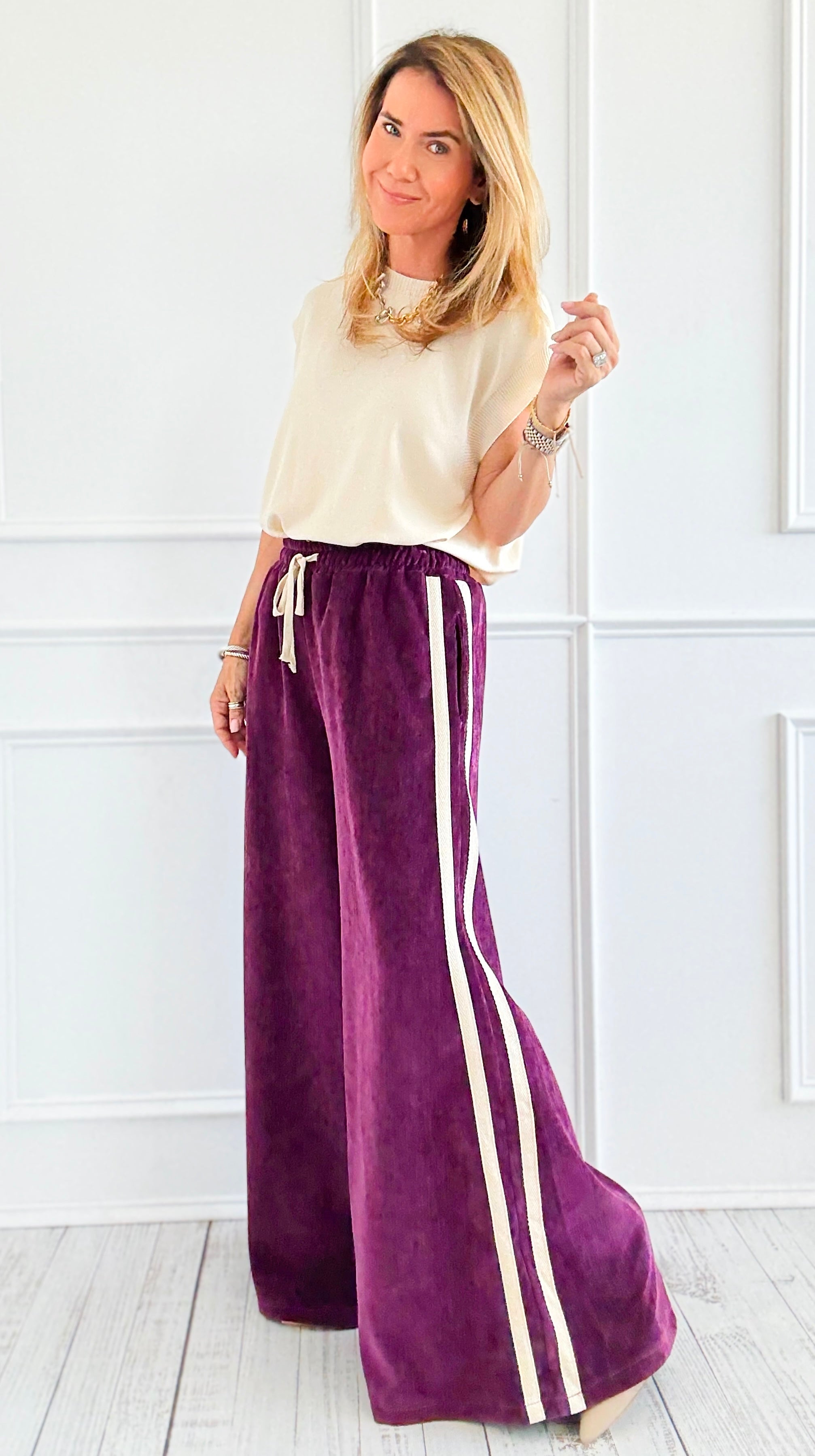 Tracked Threads Italian Palazzo- Plum-100 Pants-AZUL MONACO-Coastal Bloom Boutique, find the trendiest versions of the popular styles and looks Located in Indialantic, FL
