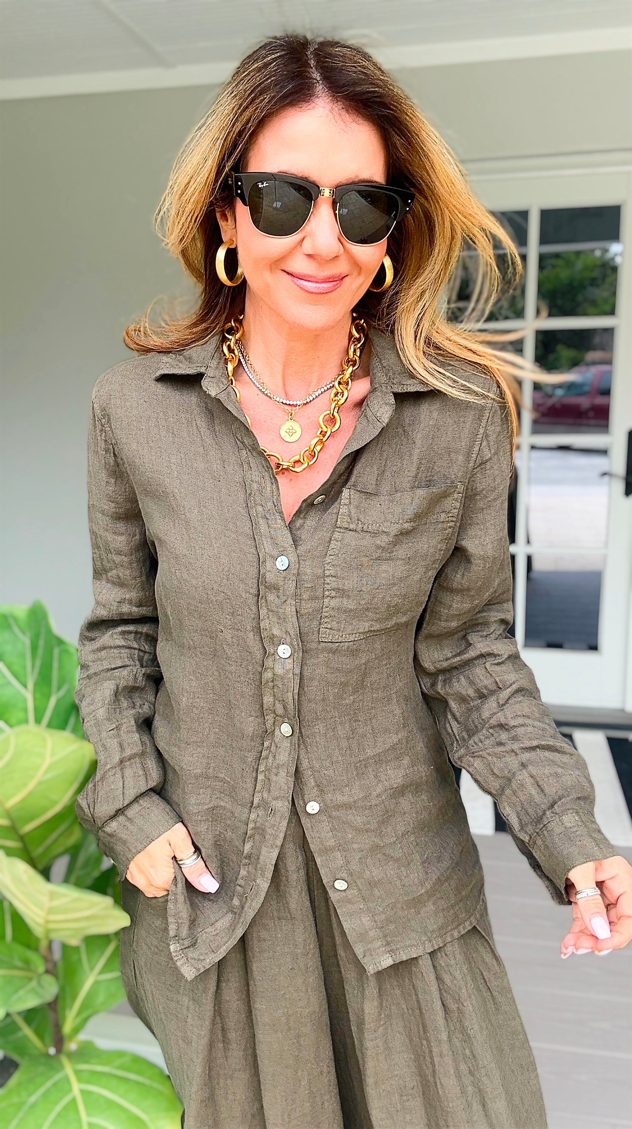 Tuscany Linen Italian Button Top- Army Green