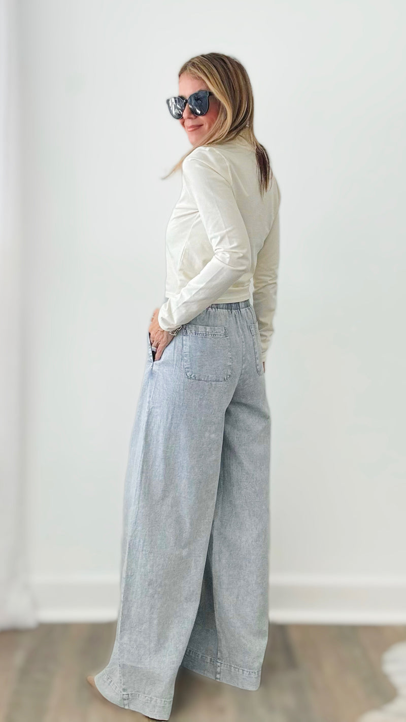 Cloudy Day Washed Wide Leg Pants - Chambray-170 Bottoms-ee:some-Coastal Bloom Boutique, find the trendiest versions of the popular styles and looks Located in Indialantic, FL