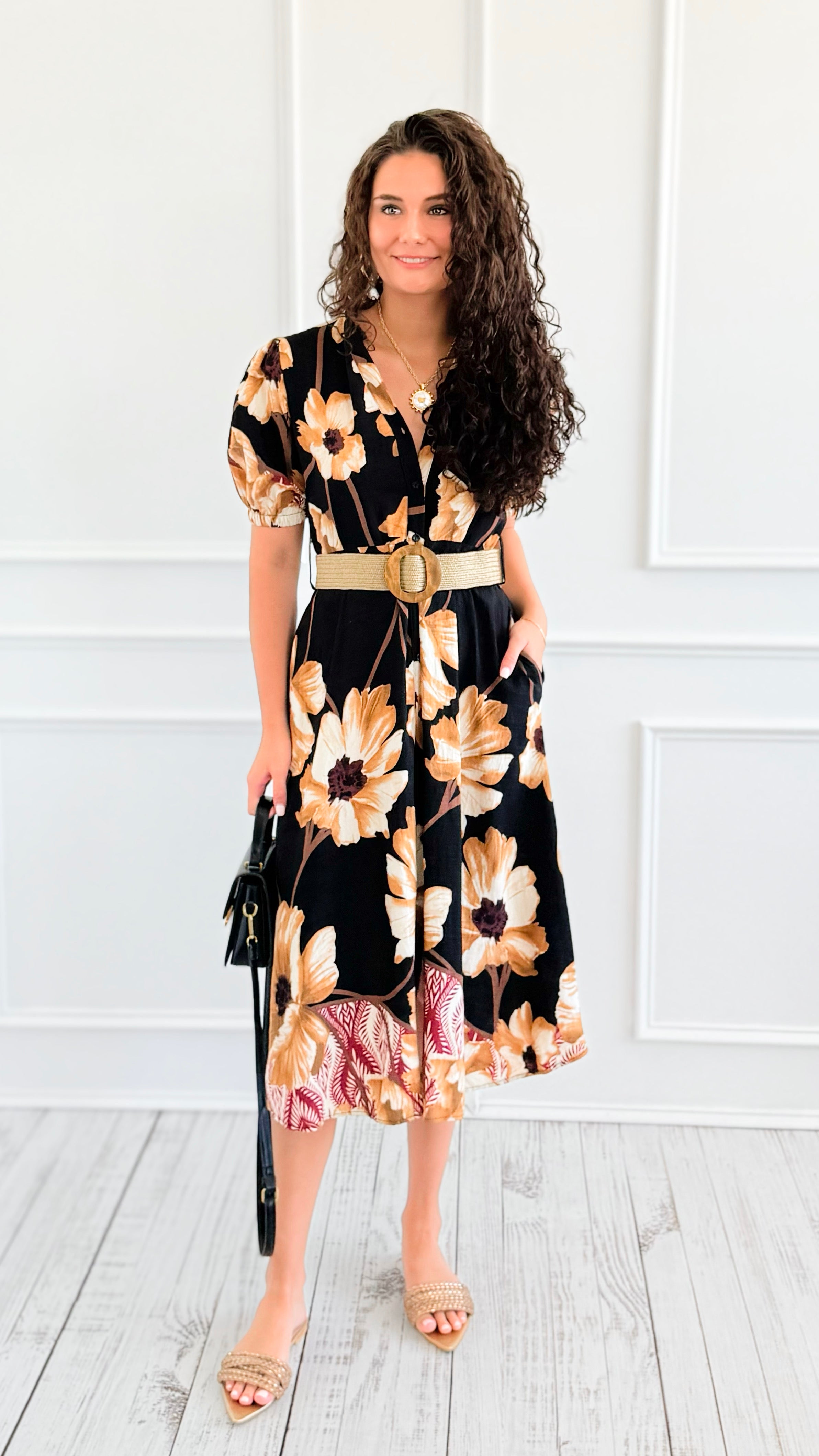 Capri Blossom Belted Italian Midi Dress-200 Dresses/Jumpsuits/Rompers-AZUL MONACO-Coastal Bloom Boutique, find the trendiest versions of the popular styles and looks Located in Indialantic, FL
