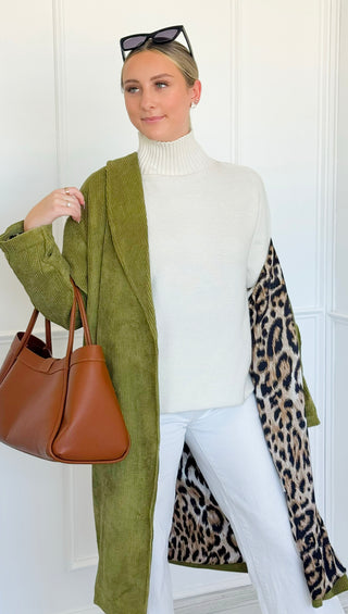 Leopard Lined Italian Long Blazer- Moss