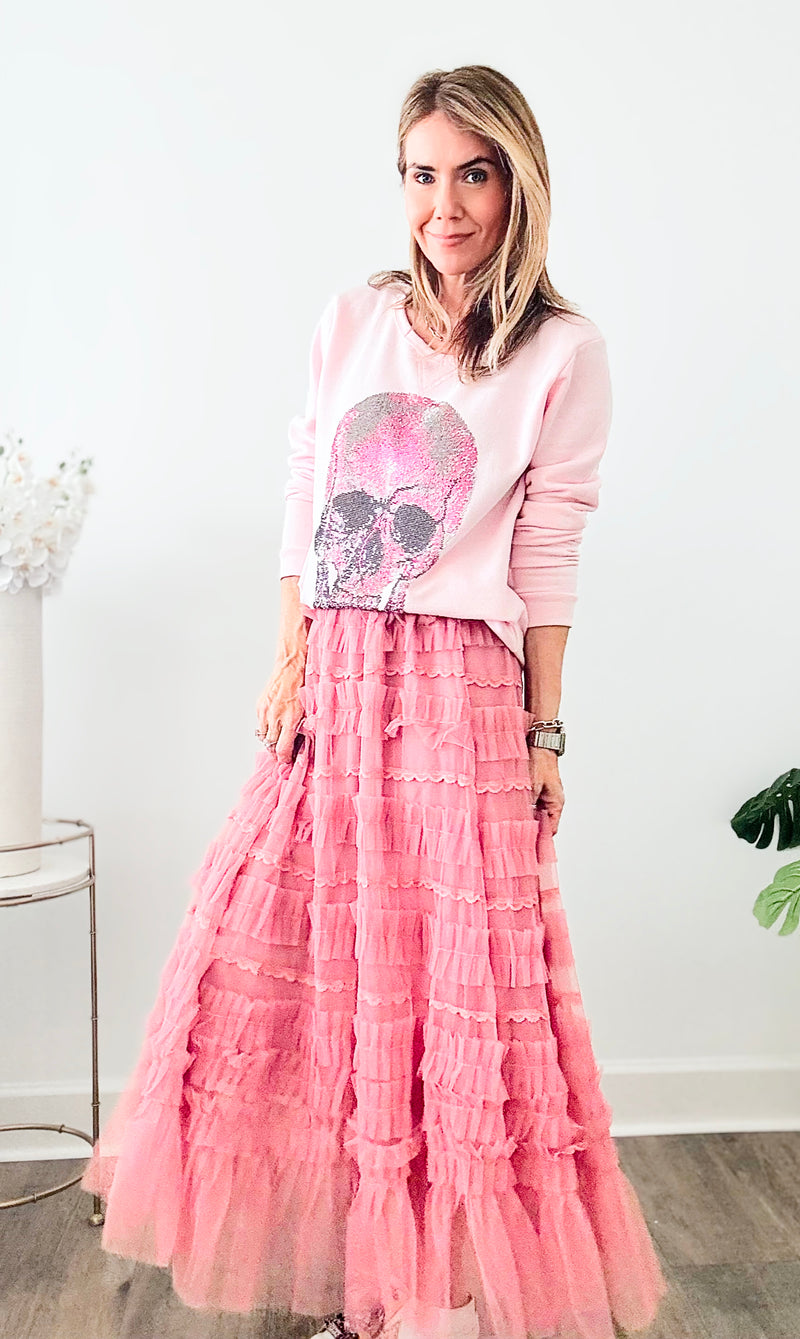 Ruffle Tiered Midi Skirt - Watermelon-170 Bottoms-TABA-Coastal Bloom Boutique, find the trendiest versions of the popular styles and looks Located in Indialantic, FL
