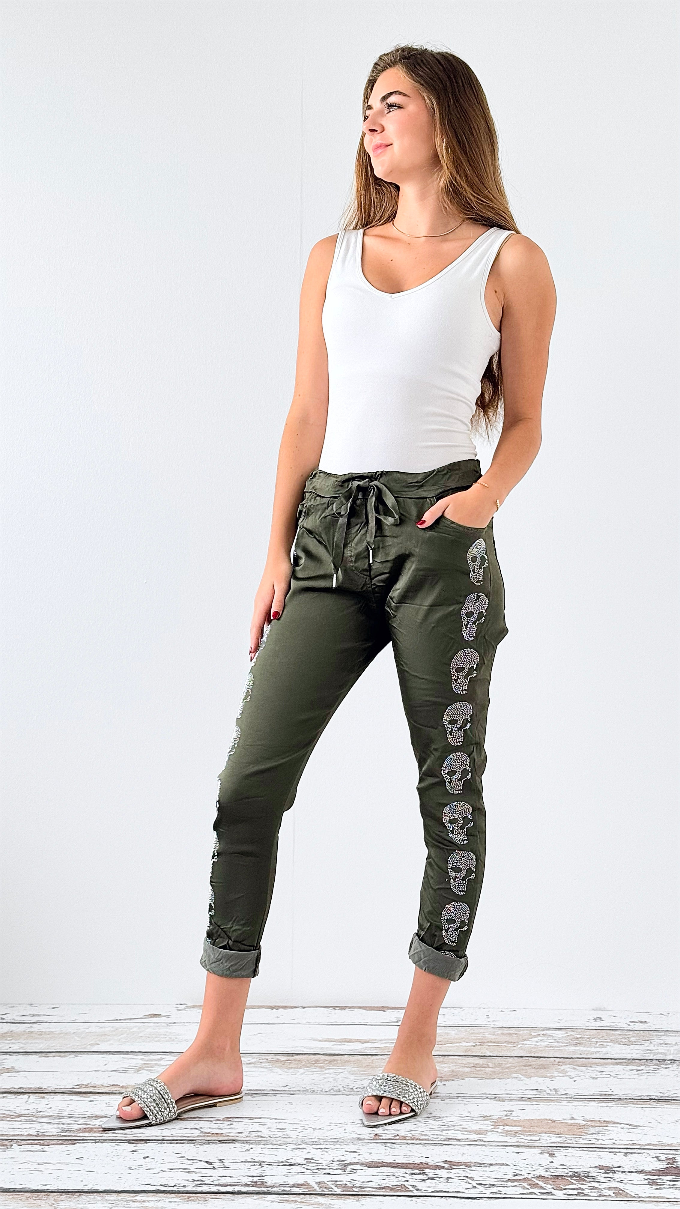 Skull Wish List Italian Joggers- Olive-pants-Italianissimo-Coastal Bloom Boutique, find the trendiest versions of the popular styles and looks Located in Indialantic, FL