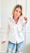 Rhinestone Poplin Blouse-130 Long Sleeve Tops-OOPS!-Coastal Bloom Boutique, find the trendiest versions of the popular styles and looks Located in Indialantic, FL