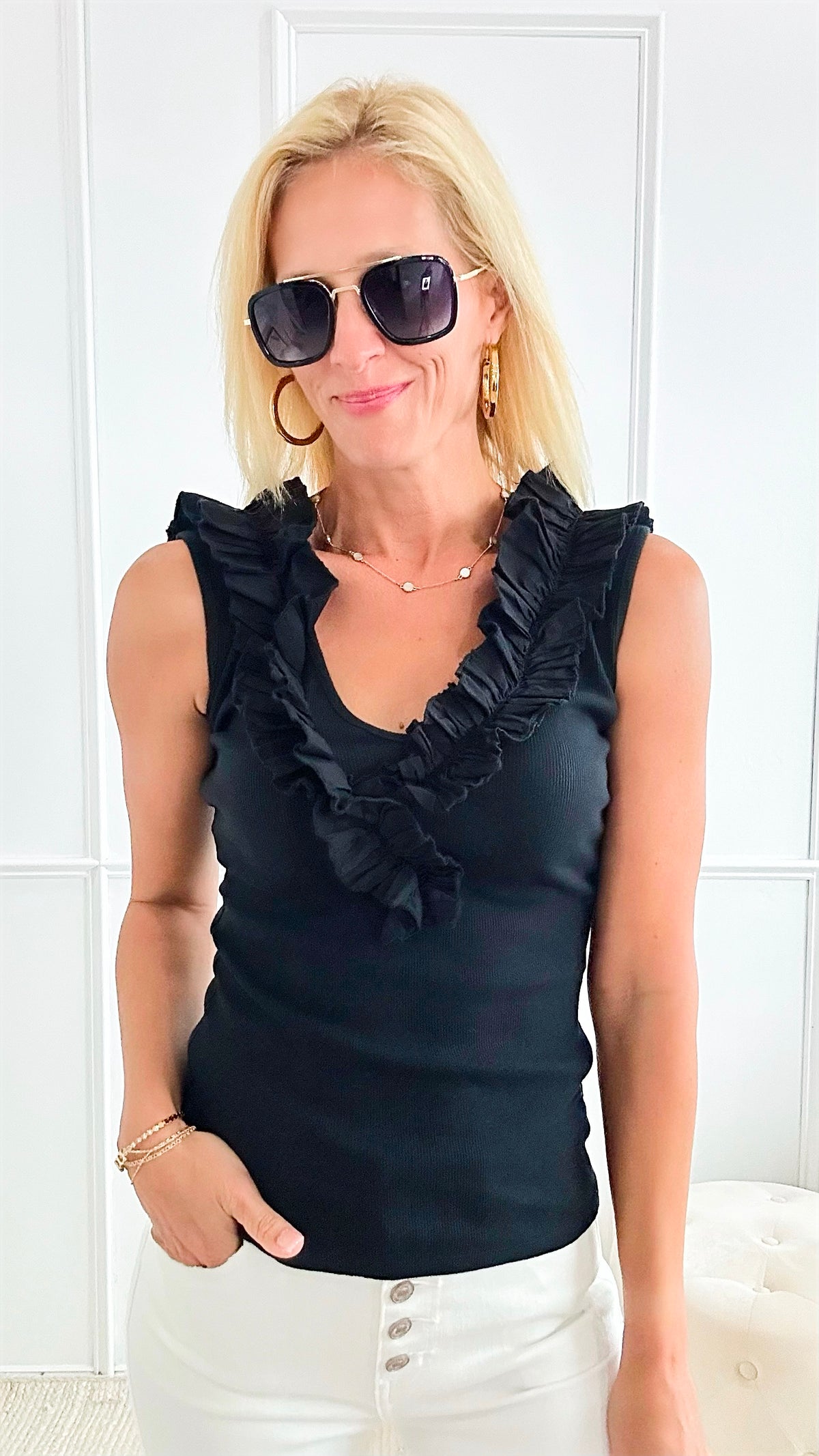 Whimsical Ruffle Italian Tank - Black-100 Sleeveless Tops-Italianissimo-Coastal Bloom Boutique, find the trendiest versions of the popular styles and looks Located in Indialantic, FL
