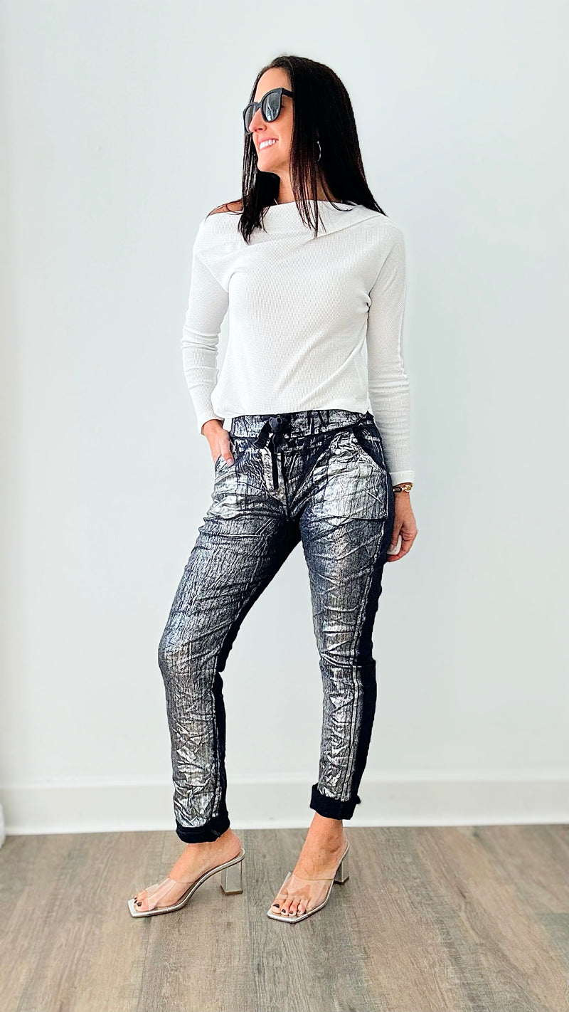 Glistening Silver Foil Italian Joggers - Navy-180 Joggers-Germany-Coastal Bloom Boutique, find the trendiest versions of the popular styles and looks Located in Indialantic, FL