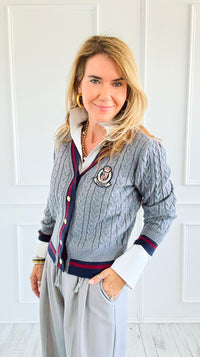 Fashion Varsity Italian Cardigan Sweater-Grey-150 Cardigans/Layers-Italianissimo-Coastal Bloom Boutique, find the trendiest versions of the popular styles and looks Located in Indialantic, FL