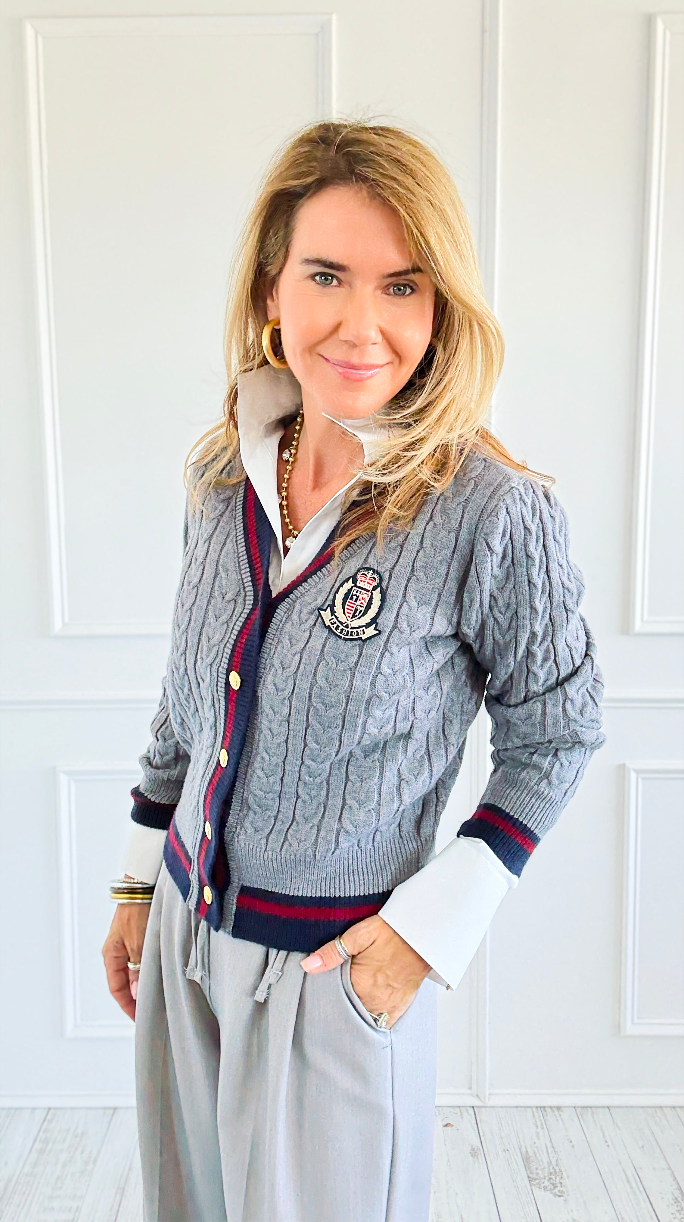 Fashion Varsity Italian Cardigan Sweater-Grey-150 Cardigans/Layers-Italianissimo-Coastal Bloom Boutique, find the trendiest versions of the popular styles and looks Located in Indialantic, FL