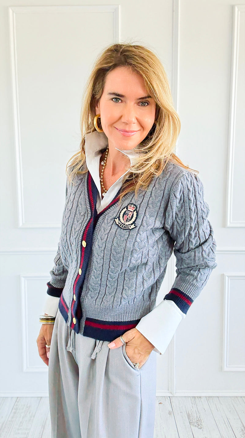 Fashion Varsity Italian Cardigan Sweater-Grey-150 Cardigans/Layers-Italianissimo-Coastal Bloom Boutique, find the trendiest versions of the popular styles and looks Located in Indialantic, FL