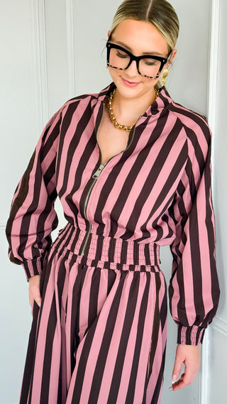 Contrast Italian Stripe Zip Bomber Jacket - Mauve/ Brown