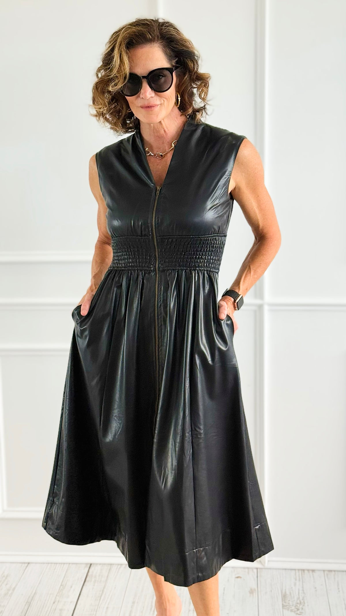 Power Play Faux Leather Midi Dress-200 Dresses/Jumpsuits/Rompers-entro-Coastal Bloom Boutique, find the trendiest versions of the popular styles and looks Located in Indialantic, FL