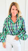 Tartan Ruffle Bell Sleeve Italian Blouse-170 Bottoms-TATTOO Z-Coastal Bloom Boutique, find the trendiest versions of the popular styles and looks Located in Indialantic, FL