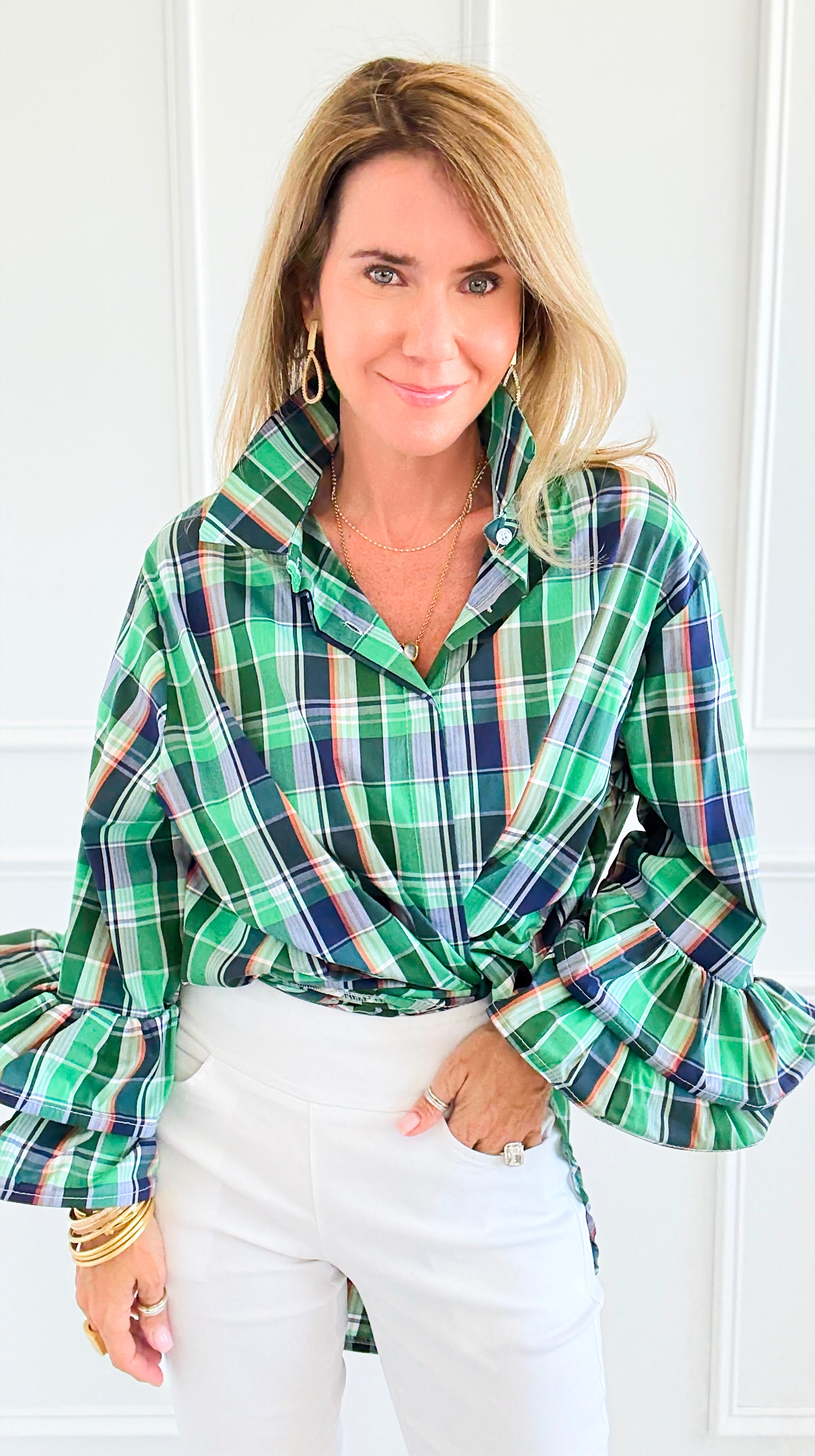 Tartan Ruffle Bell Sleeve Italian Blouse-170 Bottoms-TATTOO Z-Coastal Bloom Boutique, find the trendiest versions of the popular styles and looks Located in Indialantic, FL