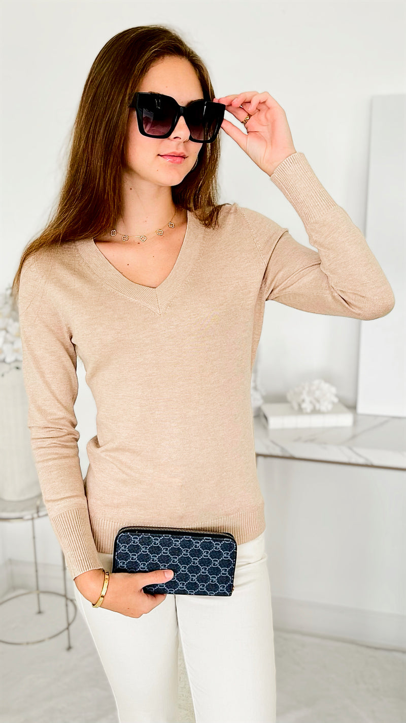 Melissa V Neck Sweater - Khaki-130 Long Sleeve Tops-Cielo-Coastal Bloom Boutique, find the trendiest versions of the popular styles and looks Located in Indialantic, FL