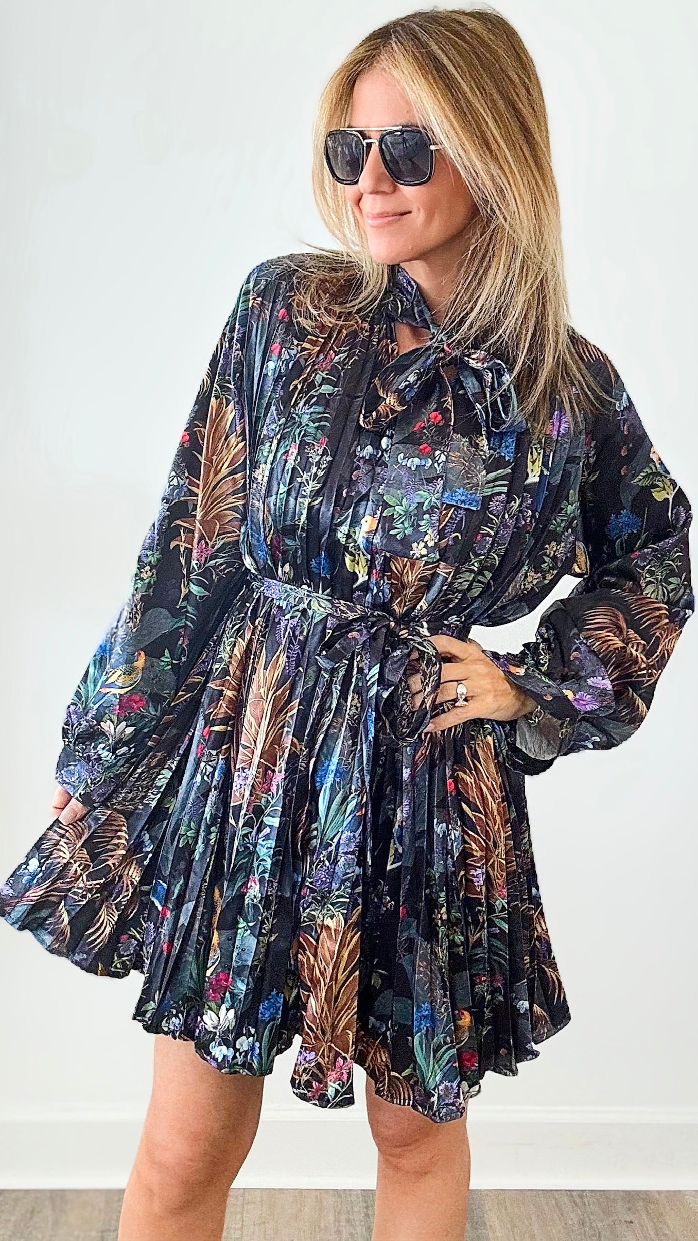Magical Jungle Pleated Dress-130 Long Sleeve Tops-Beulah Style-Coastal Bloom Boutique, find the trendiest versions of the popular styles and looks Located in Indialantic, FL