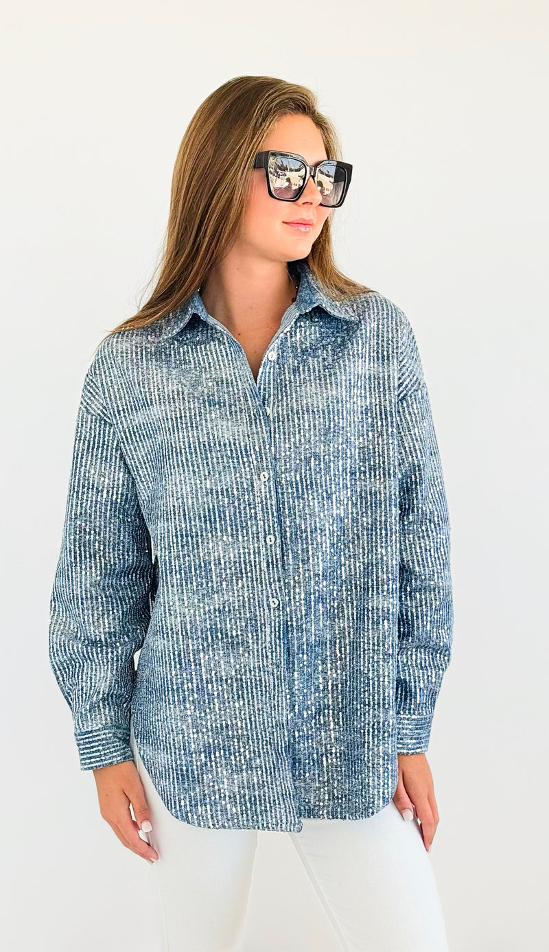 Sparkly Sequin Denim Shacket-130 Long Sleeve Tops-Hot & Delicious-Coastal Bloom Boutique, find the trendiest versions of the popular styles and looks Located in Indialantic, FL