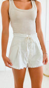 Stone Washed Waist Tie Shorts - Off White-170 Bottoms/Shorts-ee:some/HYFVE-Coastal Bloom Boutique, find the trendiest versions of the popular styles and looks Located in Indialantic, FL