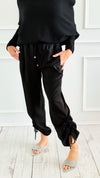 Drapey Twill Adjustable Scrunch Joggers - Black-170 Bottoms-Allie Rose-Coastal Bloom Boutique, find the trendiest versions of the popular styles and looks Located in Indialantic, FL