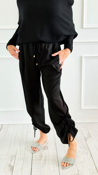Drapey Twill Adjustable Scrunch Joggers - Black-170 Bottoms-Allie Rose-Coastal Bloom Boutique, find the trendiest versions of the popular styles and looks Located in Indialantic, FL