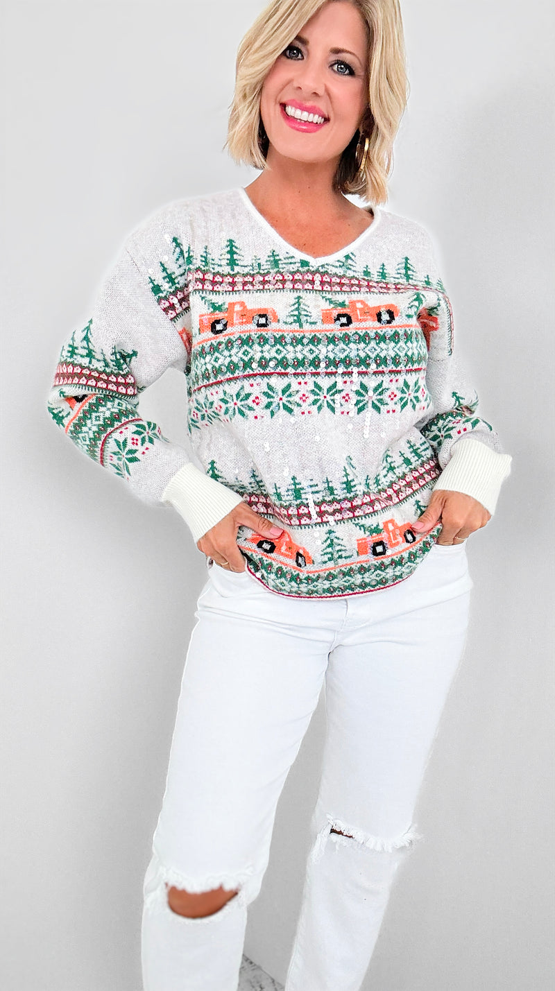 Cheer Truck Christmas Tree Sweater-130 Long Sleeve Tops-Why Dress-Coastal Bloom Boutique, find the trendiest versions of the popular styles and looks Located in Indialantic, FL