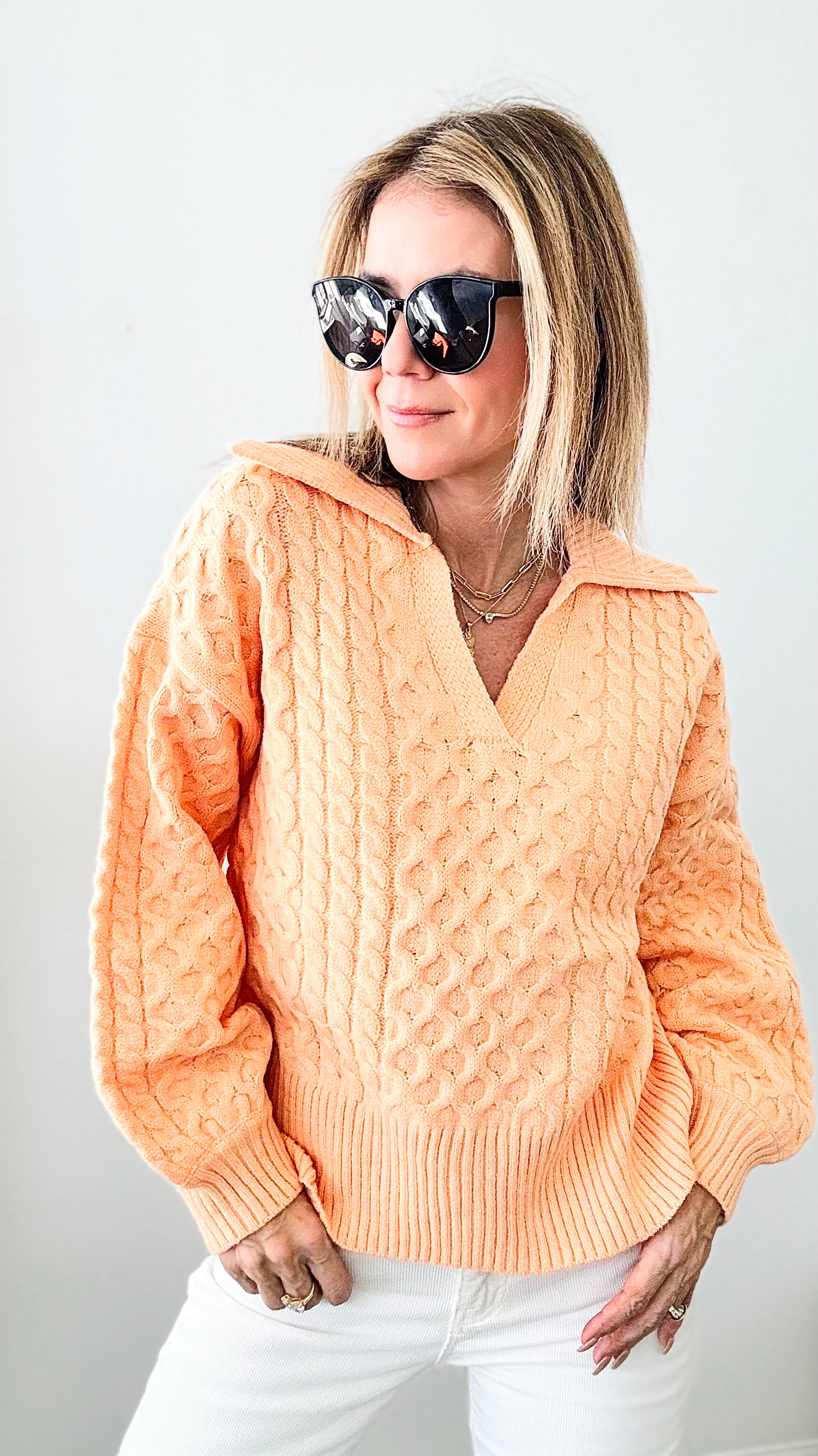 Sorbet Relaxed Cable Knit Sweater - Orange-140 Sweaters-Rousseau-Coastal Bloom Boutique, find the trendiest versions of the popular styles and looks Located in Indialantic, FL