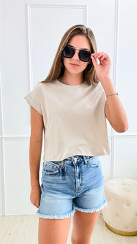 Cotton Folded Sleeve Crop Top T Shirt - Sand Beige-110 Short Sleeve Tops-Zenana-Coastal Bloom Boutique, find the trendiest versions of the popular styles and looks Located in Indialantic, FL