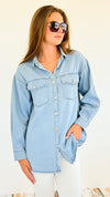 Smiley Print Denim Shirt-130 Long Sleeve Tops-Rousseau-Coastal Bloom Boutique, find the trendiest versions of the popular styles and looks Located in Indialantic, FL