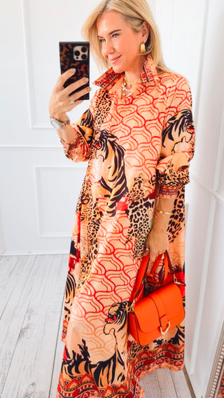 Feline Fantasy Italian Button Long Dress