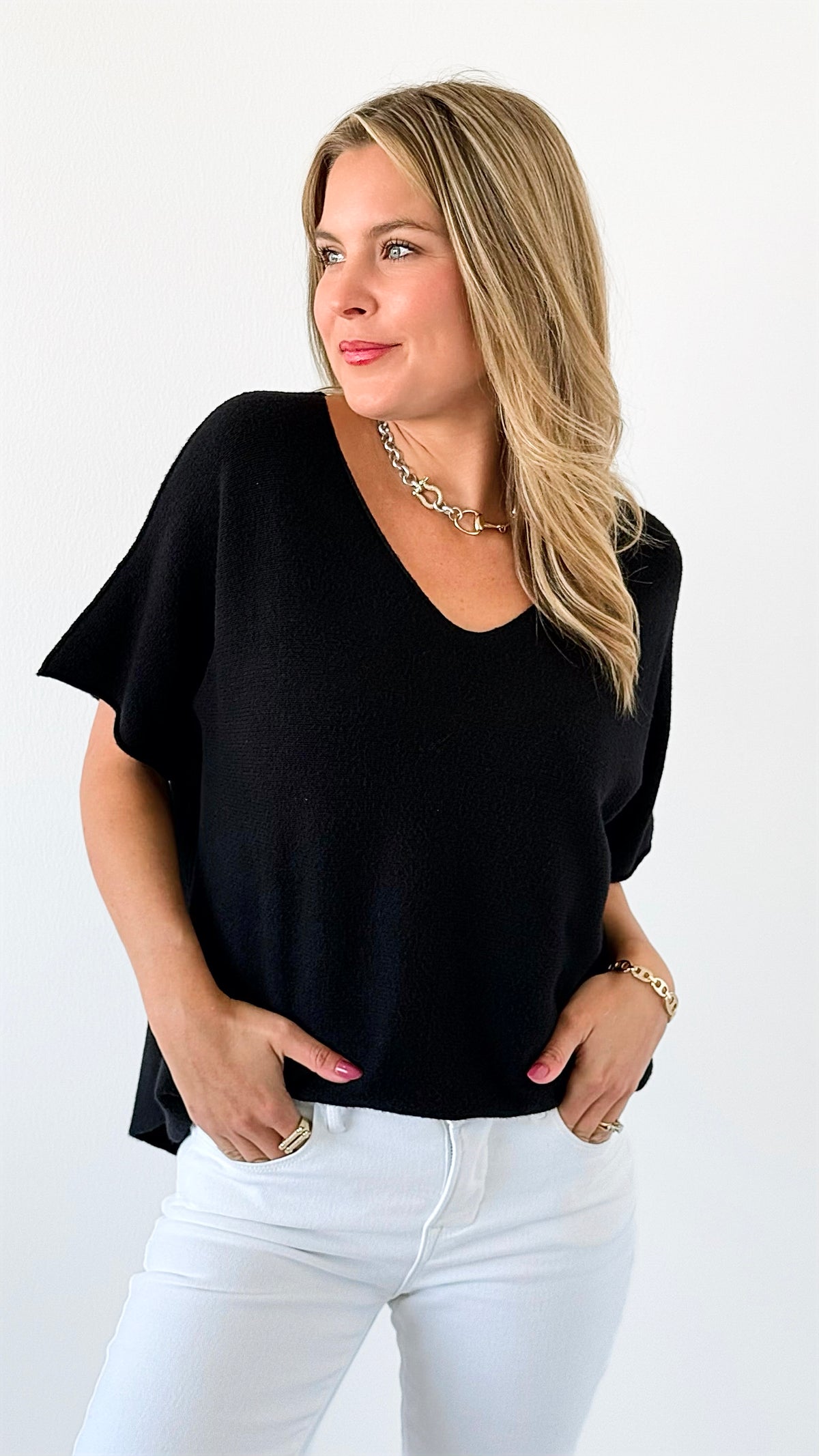 Winter in Amalfi V-Neck Italian Top- Black-140 Sweaters-Italianissimo-Coastal Bloom Boutique, find the trendiest versions of the popular styles and looks Located in Indialantic, FL