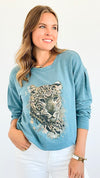 Jungle Icon Relaxed Top - Teal-130 Long Sleeve Tops-mystree-Coastal Bloom Boutique, find the trendiest versions of the popular styles and looks Located in Indialantic, FL